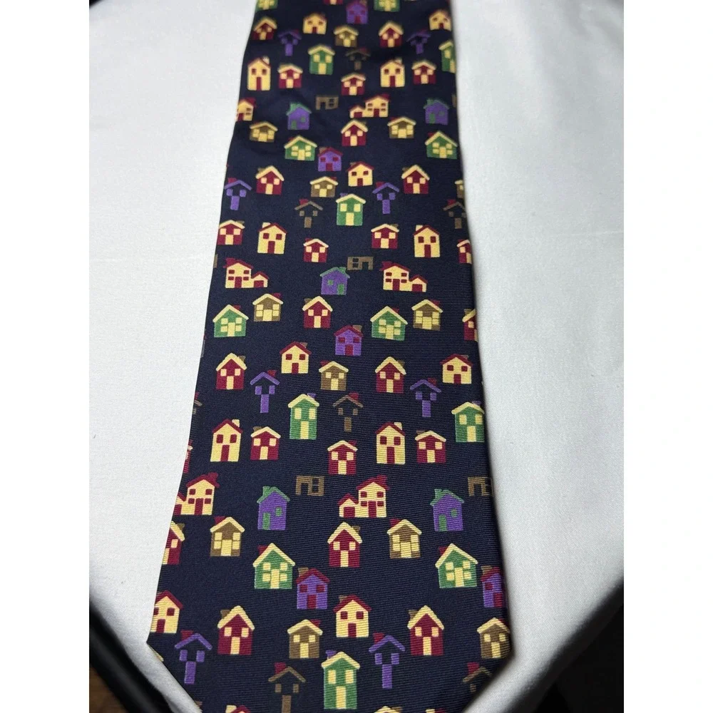 Habitat for Humanity Silk Necktie Navy Blue Houses Novelty Print Men's Accessory